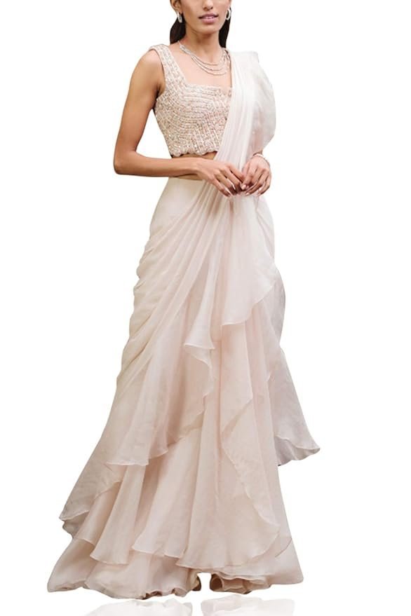 51VvZq4Z3sL._SY879_ Saree Trends Women's Faux Georgette ready to wear Frill saree with unstitched blouse - Image 1