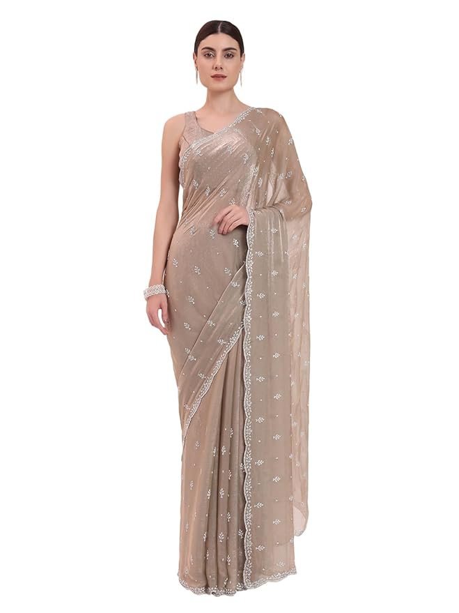 61AdSJN+hoL._SY879_ Women's Beige Organza Crushed Siroski Work Embellished Border Saree With Unstitched Blouse - Image 1