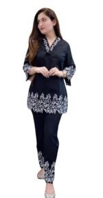 Women's Rayon Fabric 3/4 Sleeves Collared Neck Thread Embroidery Cord Set