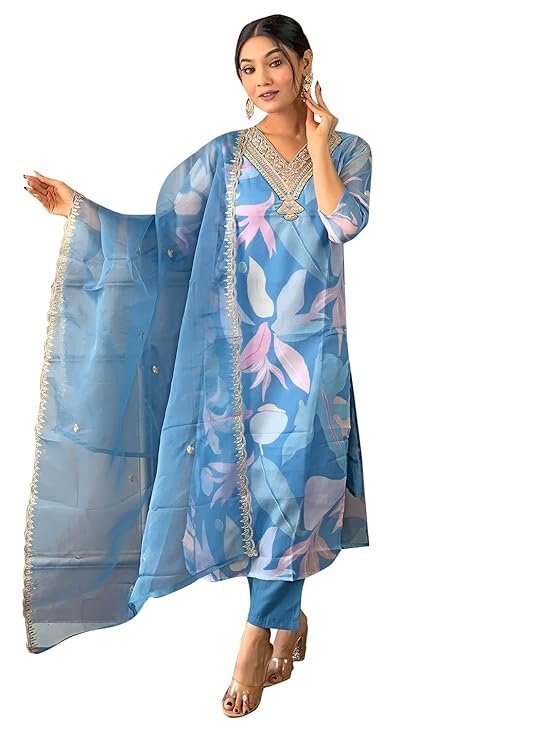 Women's Sky Organza with Cotton Lining Embroidered and Printed Straight Kurta with Rayon Pant and Organza Laced Dupatta Sets