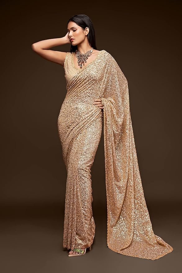 Women's Sequins Work Heavy Georgette Saree With Unstitched Blouse Peice (Latest-Sequins-Party-Saree, Free, Many Colors)